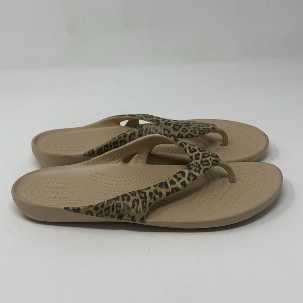 Crocs Kadee II Thong Sandals Womens 9 Brown Leopard Flip Flop Casual Comfort